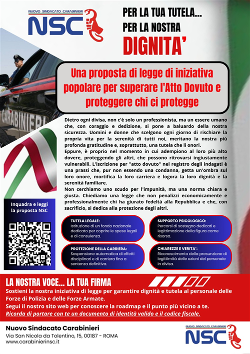 Iniziativa proposta di Legge popolare per la dignità e la tutela del personale delle  forze dell'ordine e delle forze armate