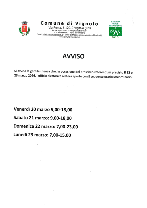 Apertura straordinaria ufficio elettorale